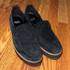 Eileen Fisher Black Suede Platform Loafers with Tan Trim